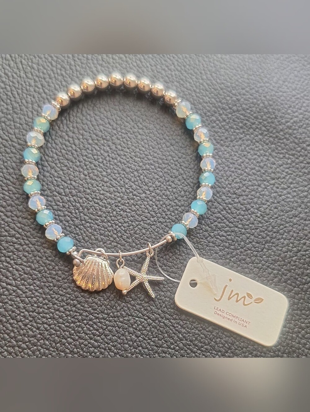 JM Collection Aqua & Iridescent Beaded Bracelet with Shell & Starfish Charms